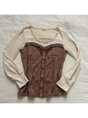 Axes Femme mauve pink Brown lace corset look prestyle top cream long sleeve
